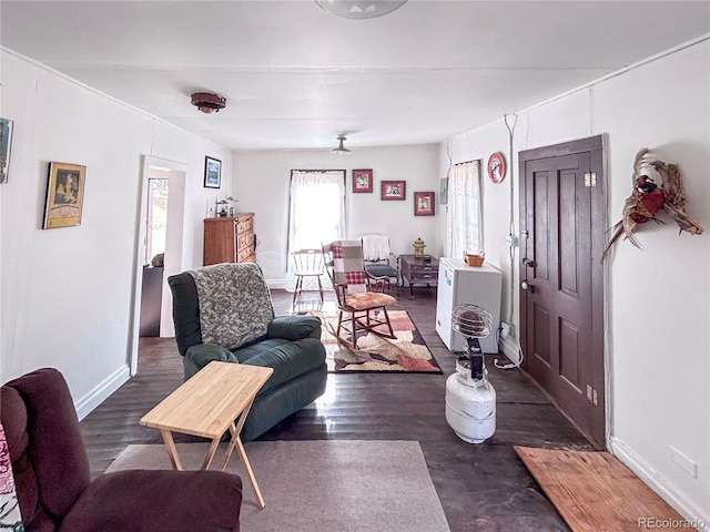 living room with ceiling fan and dark hardwood / wood-style flooring