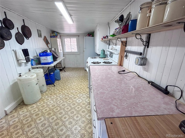 316 S Main, Bonanza, CO 81155 - kitchen with open shelves, freestanding refrigerator, light floors, wood walls, and baseboards