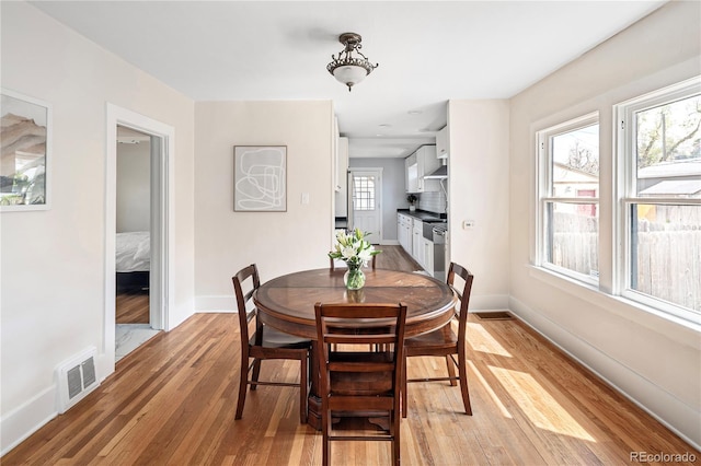 2676 S Lincoln St, Denver, CO 80210 - dining space featuring visible vents, baseboards, and light wood-type flooring