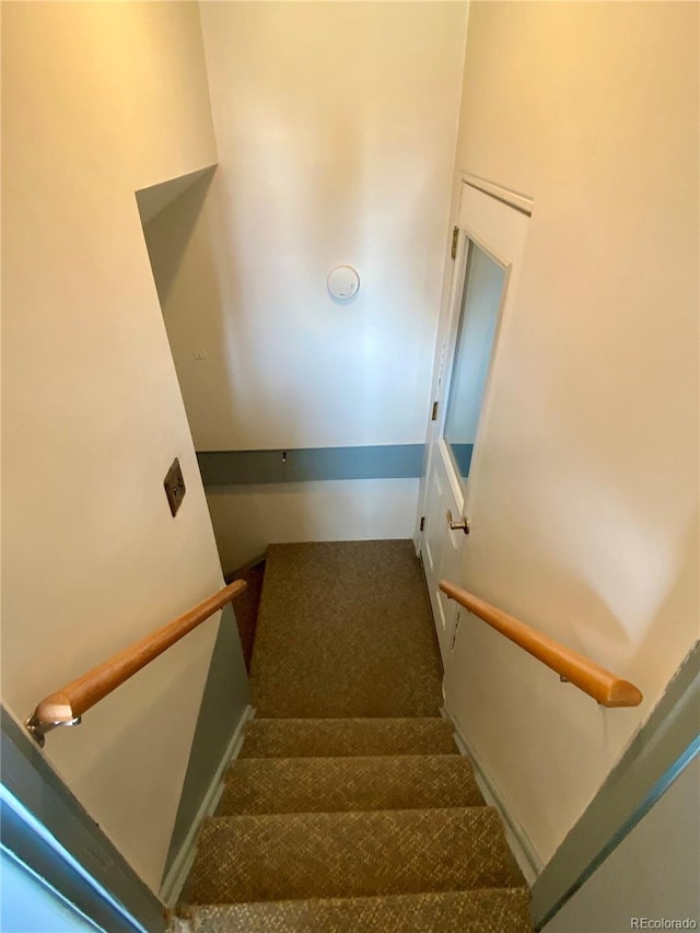 staircase featuring carpet