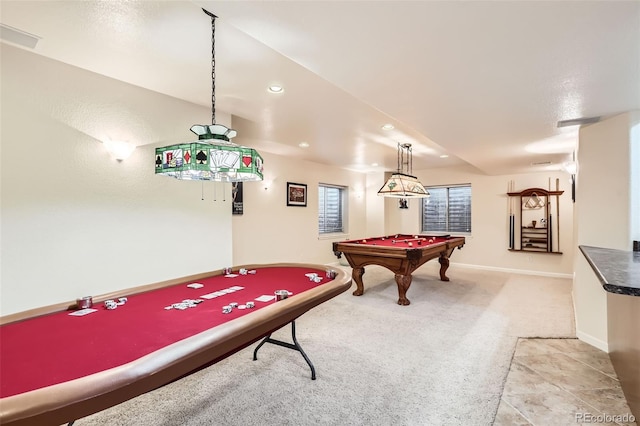 rec room featuring light colored carpet, baseboards, billiards, and recessed lighting