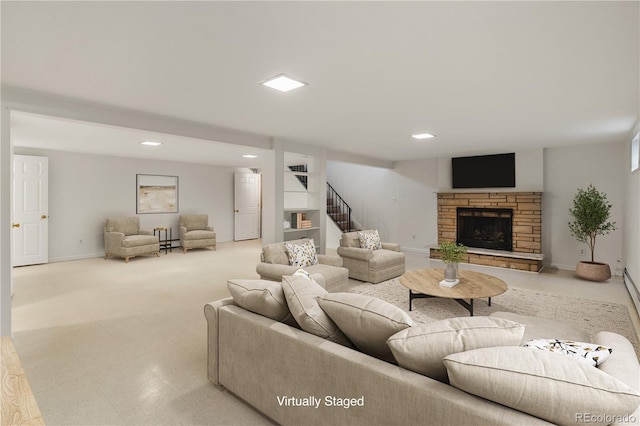 1840 E 84th Ave, Denver, CO 80229 - living area with stairs, a fireplace, and recessed lighting