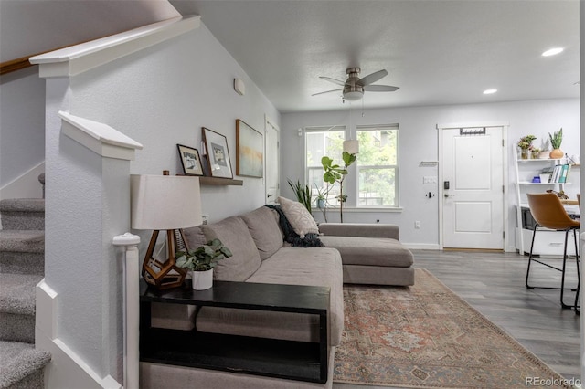2829 W 53rd Ave Unit 104, Denver, CO 80221 - living room with stairs, ceiling fan, wood finished floors, and recessed lighting