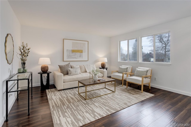 living area with dark wood-style floors and baseboards