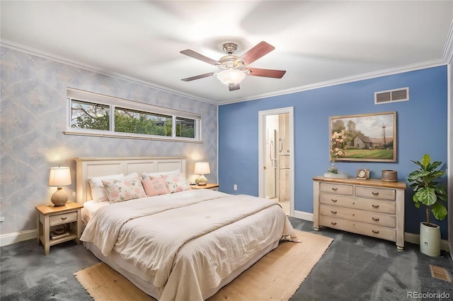 bedroom featuring baseboards, ornamental molding, dark carpet, and visible vents