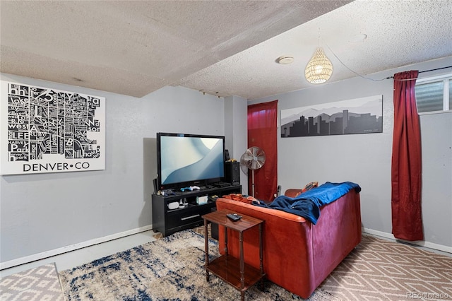 living room featuring a textured ceiling