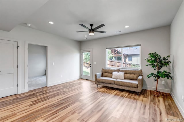 265 Upper Glenway, Palmer Lake, CO 80133 - living area with light wood-style floors, a ceiling fan, and recessed lighting