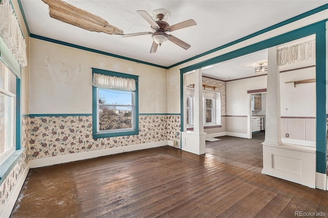 empty room with dark hardwood / wood-style floors, ceiling fan, and ornamental molding