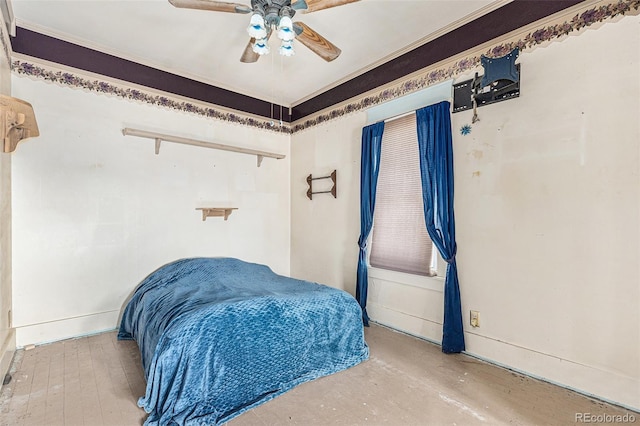 bedroom with ceiling fan and crown molding