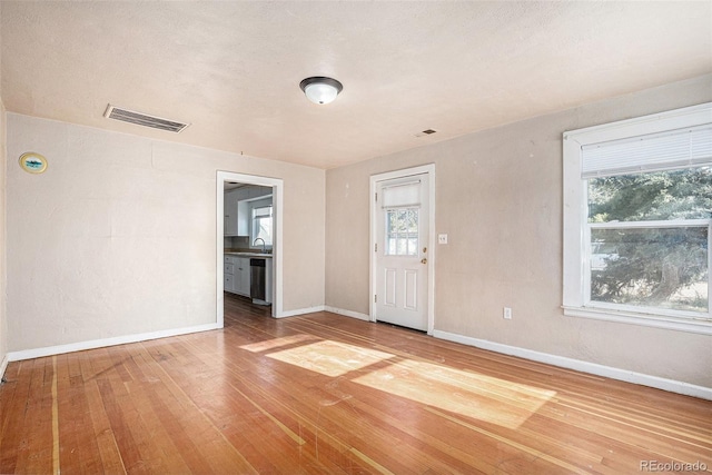 foyer featuring wood-type flooring, a textured ceiling, and sink