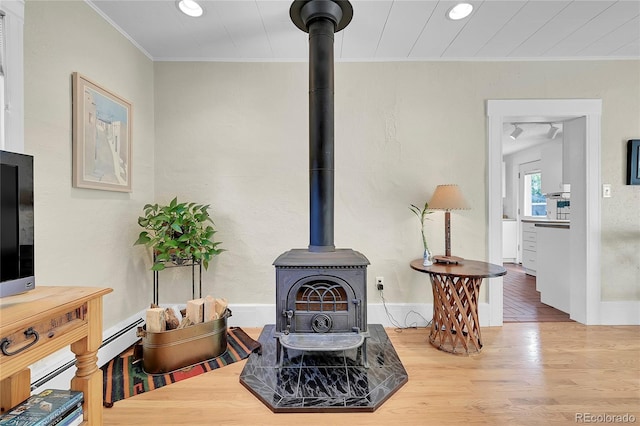 living room with crown molding, a wood stove, recessed lighting, and wood finished floors