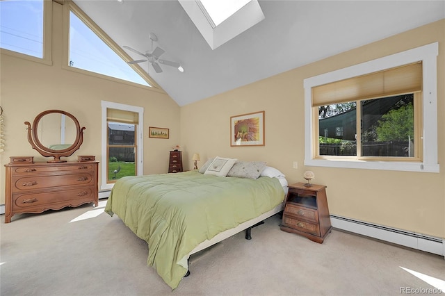 bedroom featuring carpet floors, a skylight, ceiling fan, and a baseboard radiator