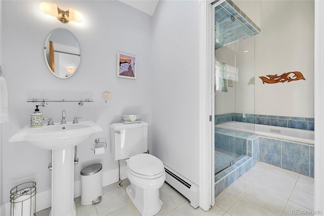 full bathroom featuring tile patterned flooring, tiled tub, toilet, a tile shower, and a baseboard radiator