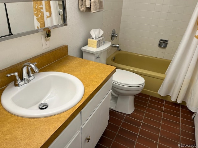 bathroom with shower / bath combo with shower curtain, toilet, vanity, and tile patterned flooring