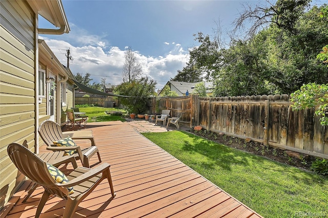 deck with a yard and a fenced backyard