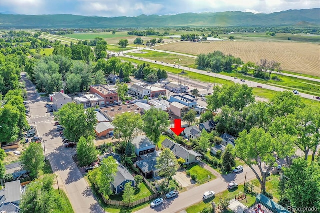 bird's eye view featuring a rural view and a mountain view