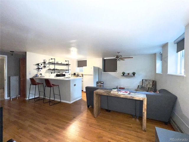 living room featuring hardwood / wood-style flooring and ceiling fan