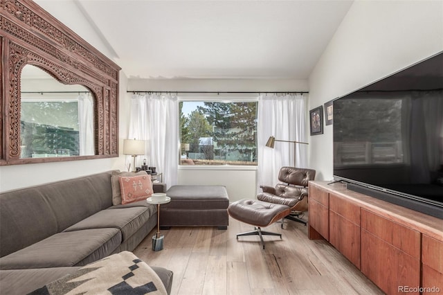 living area with lofted ceiling and light wood-style flooring