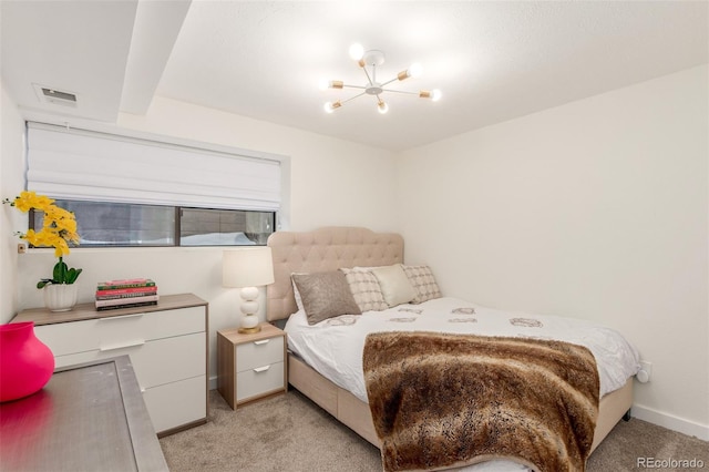 bedroom with light carpet, a notable chandelier, visible vents, and baseboards