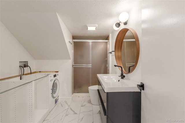 full bathroom featuring a stall shower, toilet, lofted ceiling, marble finish floor, and a textured ceiling