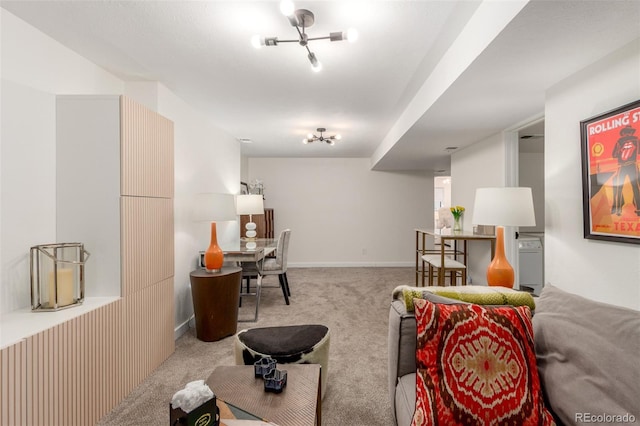 living area with baseboards and light colored carpet