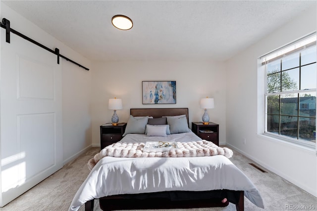 4249 S Biscay Cir, Aurora, CO 80013 - bedroom with a barn door, light carpet, and baseboards