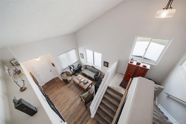 living room with a healthy amount of sunlight, a textured ceiling, and high vaulted ceiling