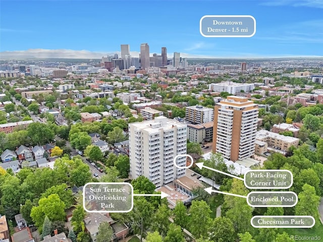 bird's eye view with a city view
