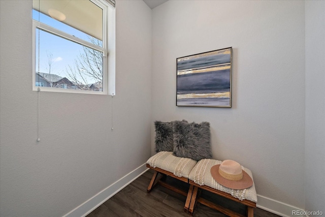 living area featuring baseboards and dark wood finished floors