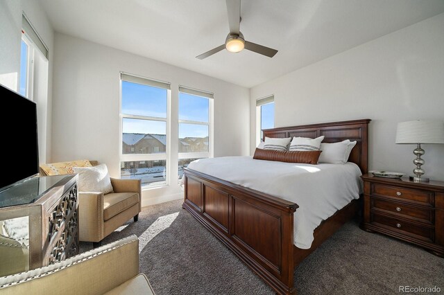 carpeted bedroom featuring multiple windows and a ceiling fan