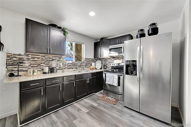 kitchen with decorative backsplash, sink, light wood-type flooring, and stainless steel appliances