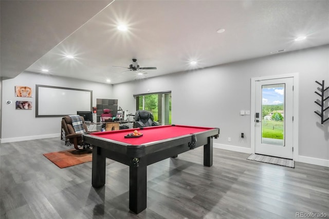 3630 Mesa Verde Rd, Monument, CO 80132 - recreation room with recessed lighting, wood finished floors, billiards, and a ceiling fan