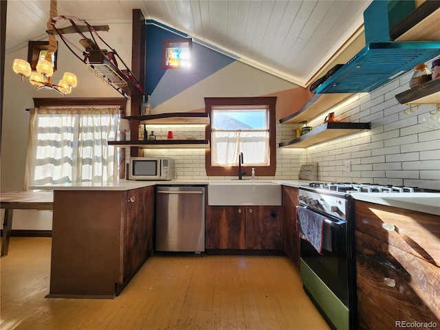 kitchen with sink, decorative backsplash, range hood, dark brown cabinetry, and stainless steel appliances