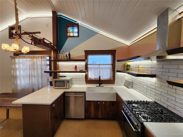 kitchen with kitchen peninsula, stainless steel appliances, extractor fan, vaulted ceiling, and sink