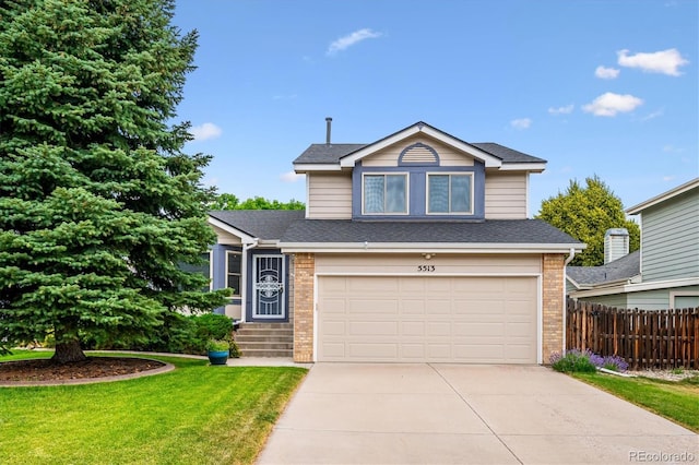 5513 S Yank Ct, Littleton, CO 80127 - view of front facade featuring brick siding, an attached garage, driveway, and a shingled roof