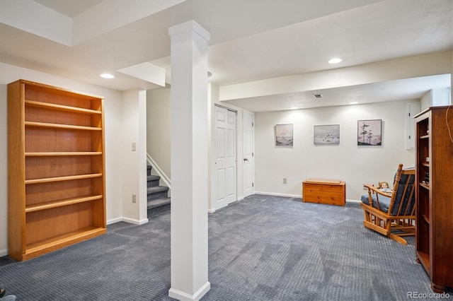 5513 S Yank Ct, Littleton, CO 80127 - finished basement with dark carpet, stairway, and recessed lighting