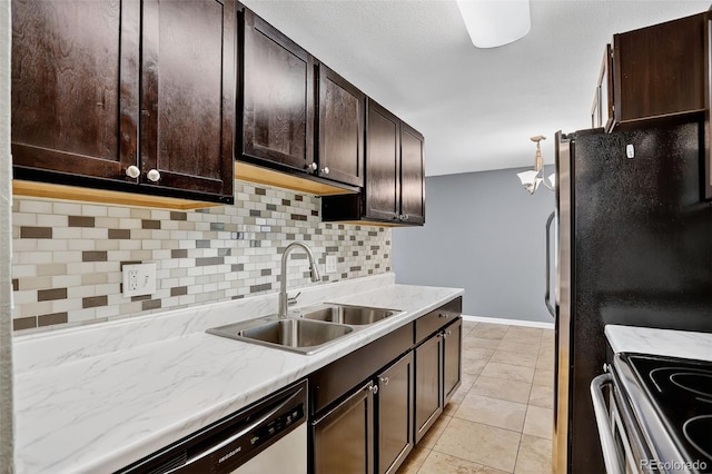 10211 Ura Ln Unit 208, Thornton, CO 80260 - kitchen featuring decorative backsplash, stainless steel electric range oven, dark brown cabinets, dishwashing machine, and light stone countertops