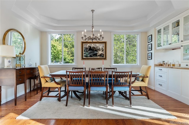 dining space with an inviting chandelier, light hardwood / wood-style floors, and a tray ceiling