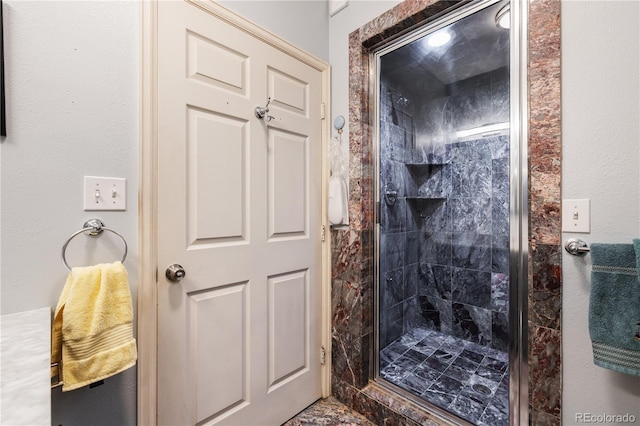 bathroom featuring a shower with shower door