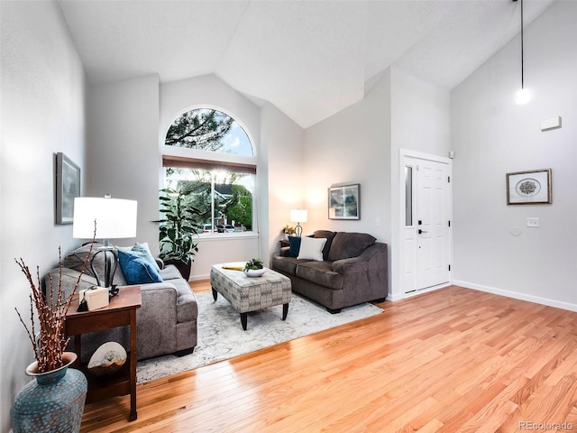 living area with baseboards, high vaulted ceiling, and wood finished floors