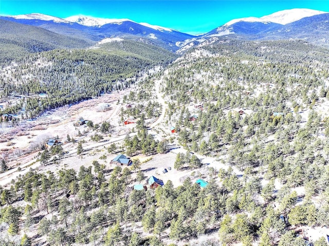 bird's eye view featuring a mountain view and a view of trees