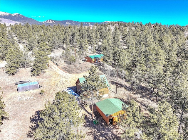 birds eye view of property featuring a mountain view and a view of trees