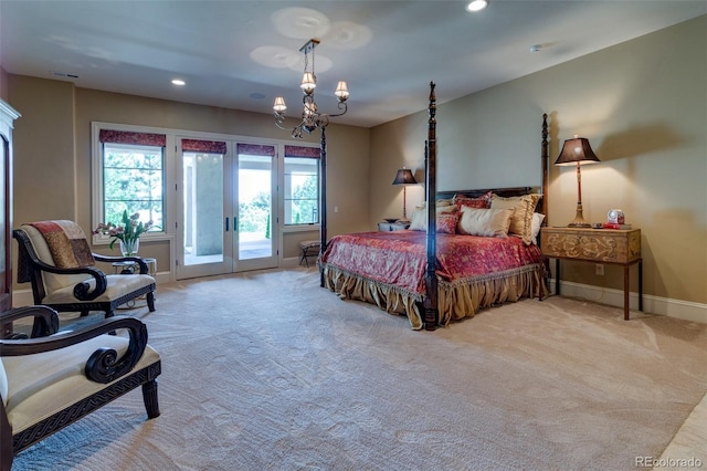 bedroom with light carpet, a chandelier, french doors, and access to outside