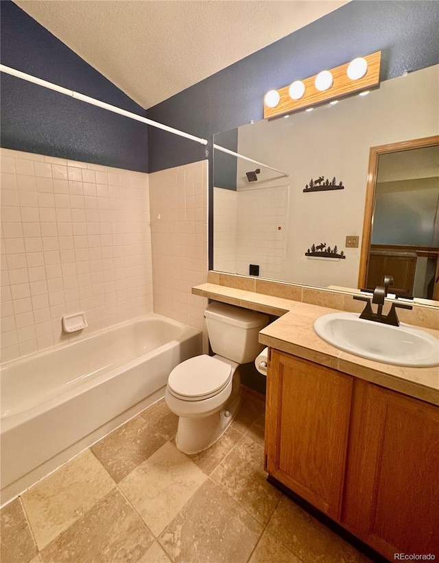 10064 Westside Cir, Littleton, CO 80125 - full bathroom featuring bathtub / shower combination, vanity, vaulted ceiling, and a textured ceiling