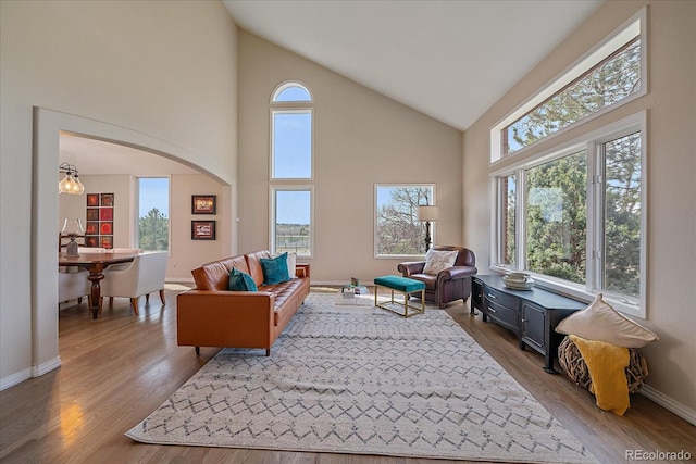 living room with high vaulted ceiling, baseboards, and wood finished floors