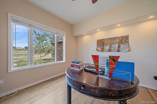 home office featuring wood finished floors, baseboards, recessed lighting, and ceiling fan