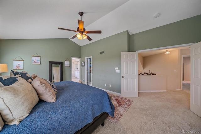 bedroom featuring baseboards, visible vents, light colored carpet, a ceiling fan, and high vaulted ceiling