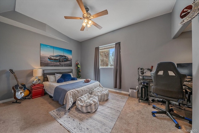 bedroom with vaulted ceiling, carpet, a ceiling fan, and baseboards