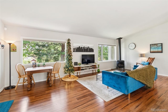 7256 Aspen Meadow Dr, Evergreen, CO 80439 - living area featuring a wood stove, wood finished floors, and a chandelier