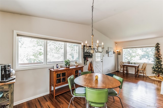 7256 Aspen Meadow Dr, Evergreen, CO 80439 - dining area with a chandelier, healthy amount of natural light, dark wood-style floors, and lofted ceiling